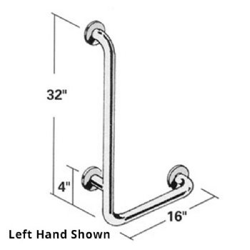 Horizontal/Vertical Stainless Steel Grab Bar - 16" x 32" Right Hand (Left Hand Pictured)